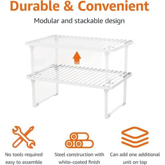 Set of 2 White Stackable Metal Kitchen Cabinet Pantry Storage Organizer Racks - Picture 4 of 8